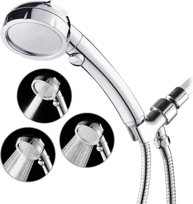 High Pressure Shower Head with Pause, 3 Spray Settings, Handheld Shower Head with On/Off Switch, Water Saving Removable Shower Head with 5ft Stainless