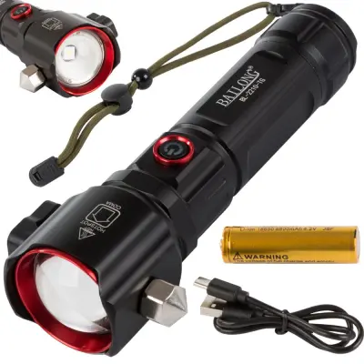 3v1 taktična aku. LED alu. ročna svetilka ZOOM kladivo + powerbank