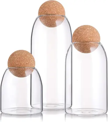 Glass storage jar with cork ball lid, cork glass bottle, cute decorative glass jar with airtight wooden round stopper, suitable for spices, sugar, sal