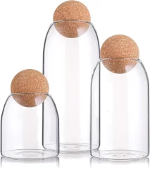 Glass storage jar with cork ball lid, cork glass bottle, cute decorative glass jar with airtight wooden round stopper, suitable for spices, sugar, salt, tea, nuts, coffee beans