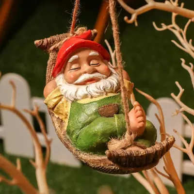 Fun Garden Gnome, Cute Gnome Decorative Outdoor Hanging Statue, Sleeping Gnome in Swing Leaves Hammock Resin Tree Ornament Statue for Stump Branches L