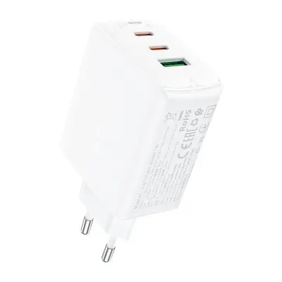 Acefast A41 omrežni polnilnik, 2x USB-C + USB, GaN 65W (bela)