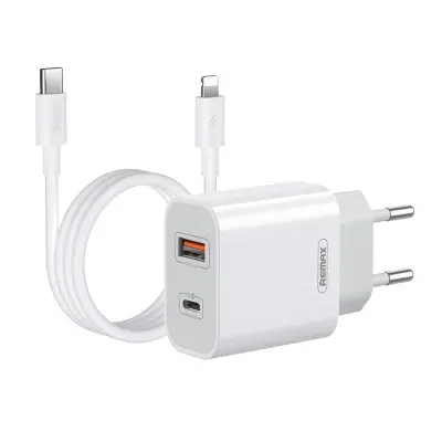 Remaxov omrežni polnilnik, RP-U68, USB-C, USB, 20 W (bela) + kabel Lightning