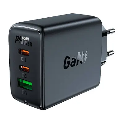 Acefast A41 omrežni polnilec, 2x USB-C + USB, GaN 65W (črn)