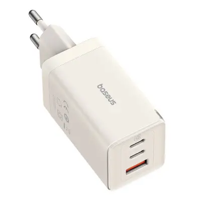 Baseus GaN5 omrežni polnilnik, 2x USB-C + USB, 65W + 1m kabel (bela)