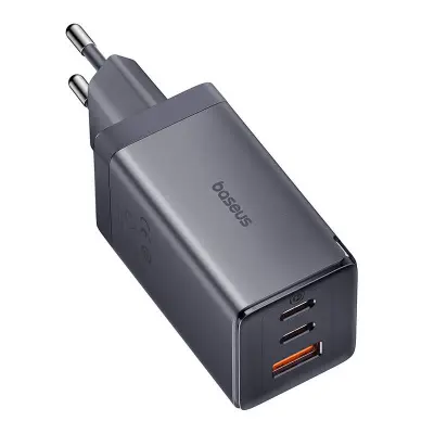 Baseus GaN5 omrežni polnilnik, 2x USB-C + USB, 65W + 1m kabel (siv)