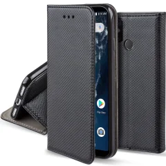 Moozy Case Flip Cover za Xiaomi Mi A2, Mi 6X, črna - pametna magnetna preklopna torbica z držalom za kartice in stojalom