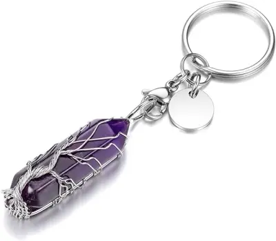Tree of Life Wire Wound Crystal Keychain Healing Stone Hexagonal Crystal Gemstone Point Pendant Keychain