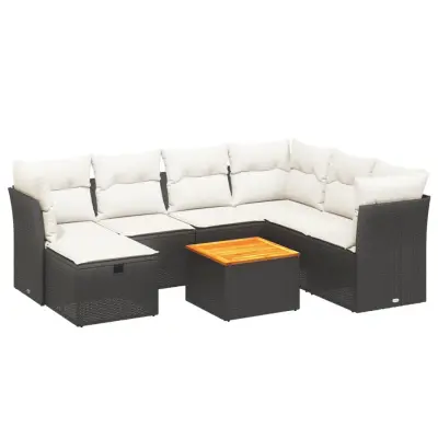 vidaXL Vrtna sedežna garnitura 8-delna z blazinami črn poli ratan