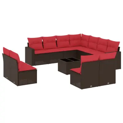 vidaXL Vrtna sedežna garnitura 12-delna z blazinami rjava poli ratan