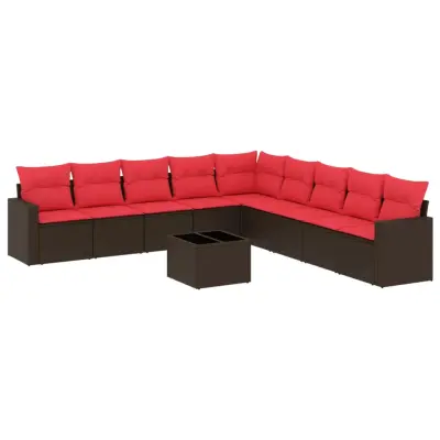 vidaXL Vrtna sedežna garnitura 10-delna z blazinami rjava poli ratan