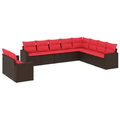 vidaXL Vrtna sedežna garnitura 10-delna z blazinami rjava poli ratan