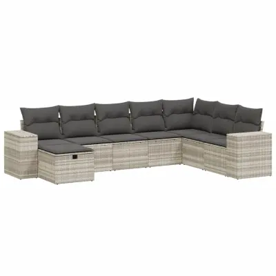 vidaXL Vrtna sedežna garnitura 8-delna z blazinami sv. siv poli ratan