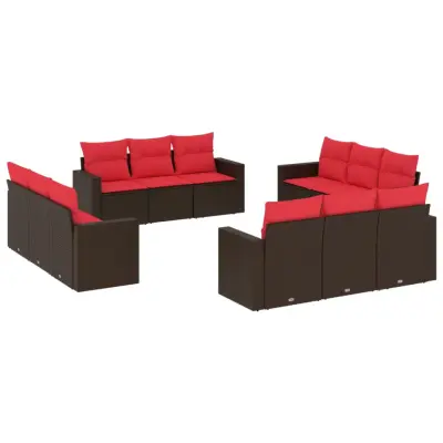 vidaXL Vrtna sedežna garnitura 12-delna z blazinami rjava poli ratan