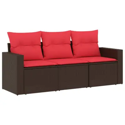 vidaXL Vrtna sedežna garnitura 3-delna z blazinami rjav poli ratan