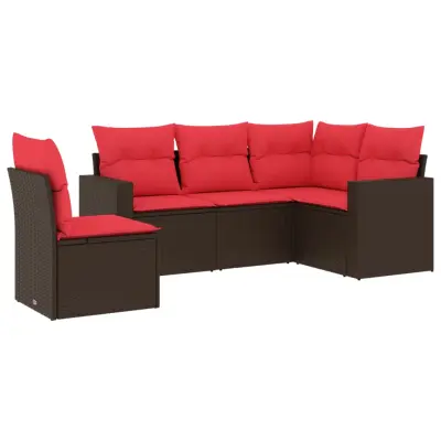 vidaXL Vrtna sedežna garnitura 5-delna z blazinami rjav poli ratan