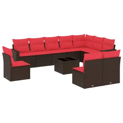 vidaXL Vrtna sedežna garnitura 11-delna z blazinami rjava poli ratan