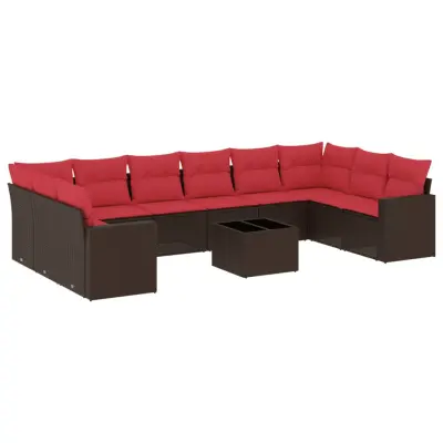 vidaXL Vrtna sedežna garnitura 11-delna z blazinami rjava poli ratan