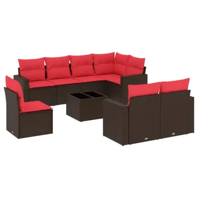 vidaXL Vrtna sedežna garnitura 9-delna z blazinami rjava poli ratan