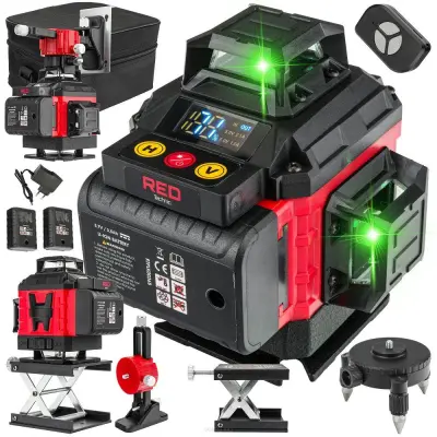 Aku. LCD 4D 16 linijski zeleni gradbeni laserski nivelir 2x 3500mAh + daljinec