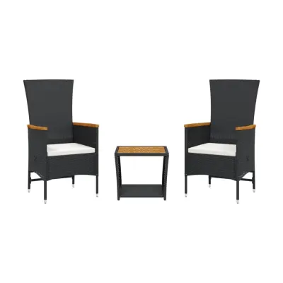 vidaXL Vrtna jedilna garnitura 3-delna z blazinami črn poli ratan