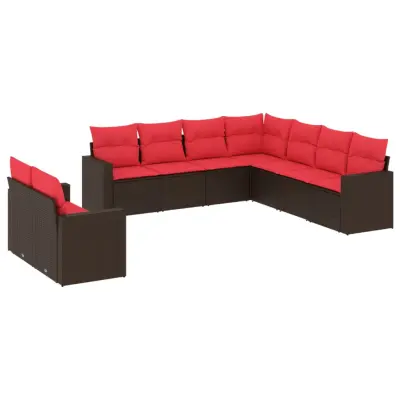 vidaXL Vrtna sedežna garnitura 9-delna z blazinami rjava poli ratan