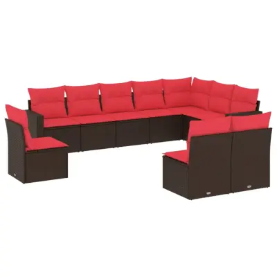 vidaXL Vrtna sedežna garnitura 10-delna z blazinami rjava poli ratan