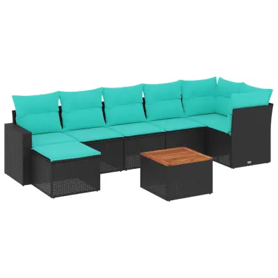 vidaXL Vrtna sedežna garnitura 8-delna z blazinami črn poli ratan