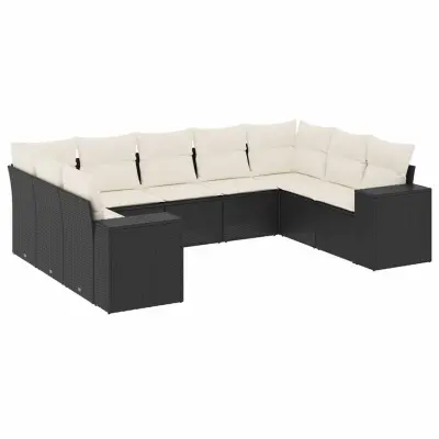 vidaXL Vrtna sedežna garnitura 9-delna z blazinami črn poli ratan