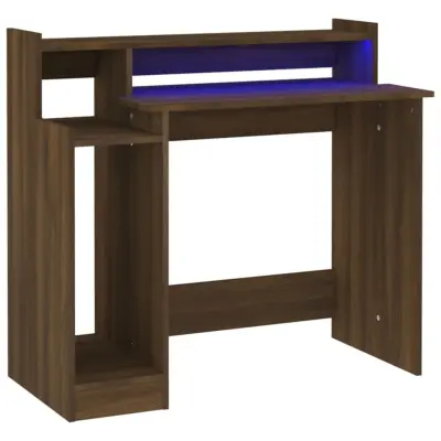 vidaXL Pisalna miza z LED lučkami rjavi hrast 97x45x90 cm inž. les