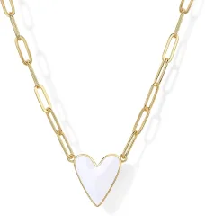 Ženska 14K pozlačena ogrlica z obeskom iz emajliranega srca | Ogrlica z verižico iz sponke za papir | Obesek v obliki srca iz belega emajla
