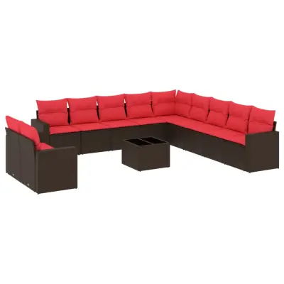 vidaXL Vrtna sedežna garnitura 12-delna z blazinami rjava poli ratan