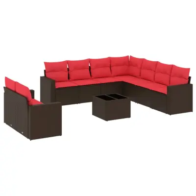 vidaXL Vrtna sedežna garnitura 10-delna z blazinami rjava poli ratan