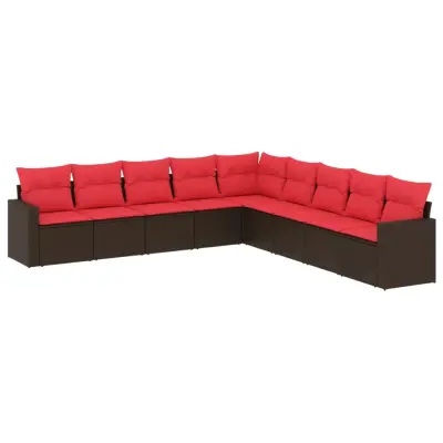 vidaXL Vrtna sedežna garnitura 9-delna z blazinami rjava poli ratan