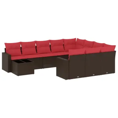 vidaXL Vrtna sedežna garnitura 11-delna z blazinami rjava poli ratan