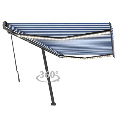 vidaXL Ročna zložljiva tenda z LED lučkami 500x350 cm modra in bela