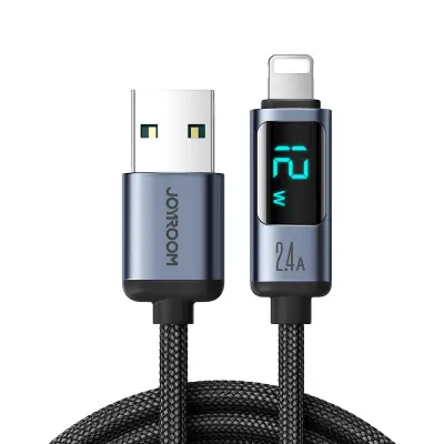 Kabel za iPhone z LED Lightning zaslonom - USB-A 2.4A 1.2m črn