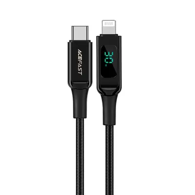 Pleten kabel z LED zaslonom za iPhone MFI USB-C - Lightning 1,2m 30W 3A črn