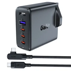 Kabel 2v1 in hitri omrežni polnilec GaN, vtič UK, 100 W PD 3x USB-C USB črn
