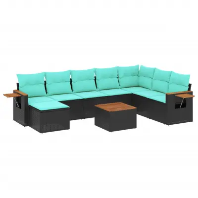 vidaXL Vrtna sedežna garnitura 9-delna z blazinami črn poli ratan