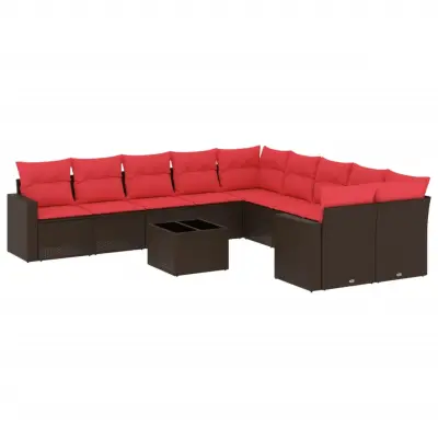 vidaXL Vrtna sedežna garnitura 11-delna z blazinami rjava poli ratan