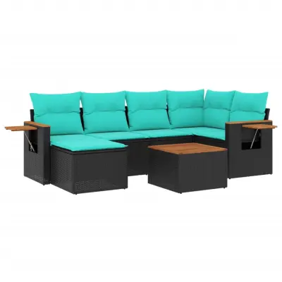 vidaXL Vrtna sedežna garnitura 7-delna z blazinami črn poli ratan