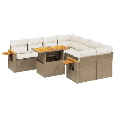 vidaXL Vrtna garnitura 9-delna z blazinami bež poli ratan