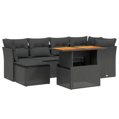 vidaXL Vrtna sedežna garnitura 7-delna z blazinami črn poli ratan