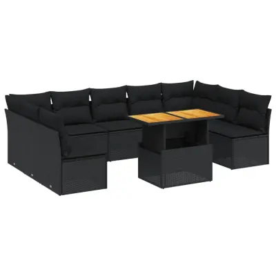 vidaXL Vrtna sedežna garnitura 10-delna z blazinami črn poli ratan