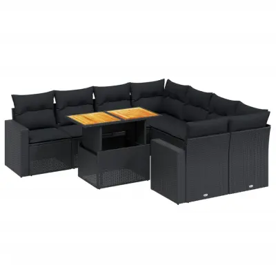 vidaXL Vrtna sedežna garnitura 9-delna z blazinami črn poli ratan