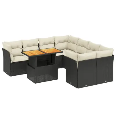 vidaXL Vrtna sedežna garnitura 9-delna z blazinami črn poli ratan