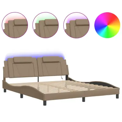 vidaXL Posteljni okvir z LED lučkami kapučino 180x200 cm umetno usnje