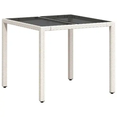 vidaXL Vrtna miza s stekleno ploščo bela 90x90x75 cm poli ratan