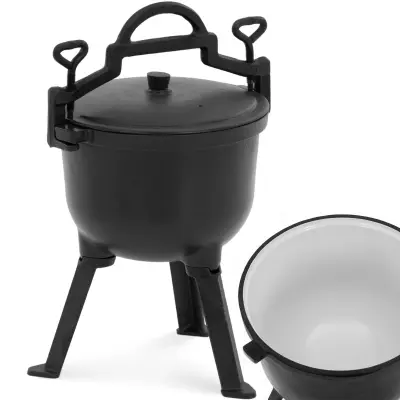 Emajliran litoželezni lovski lonec s pokrovom nad ognjem, 4 litre